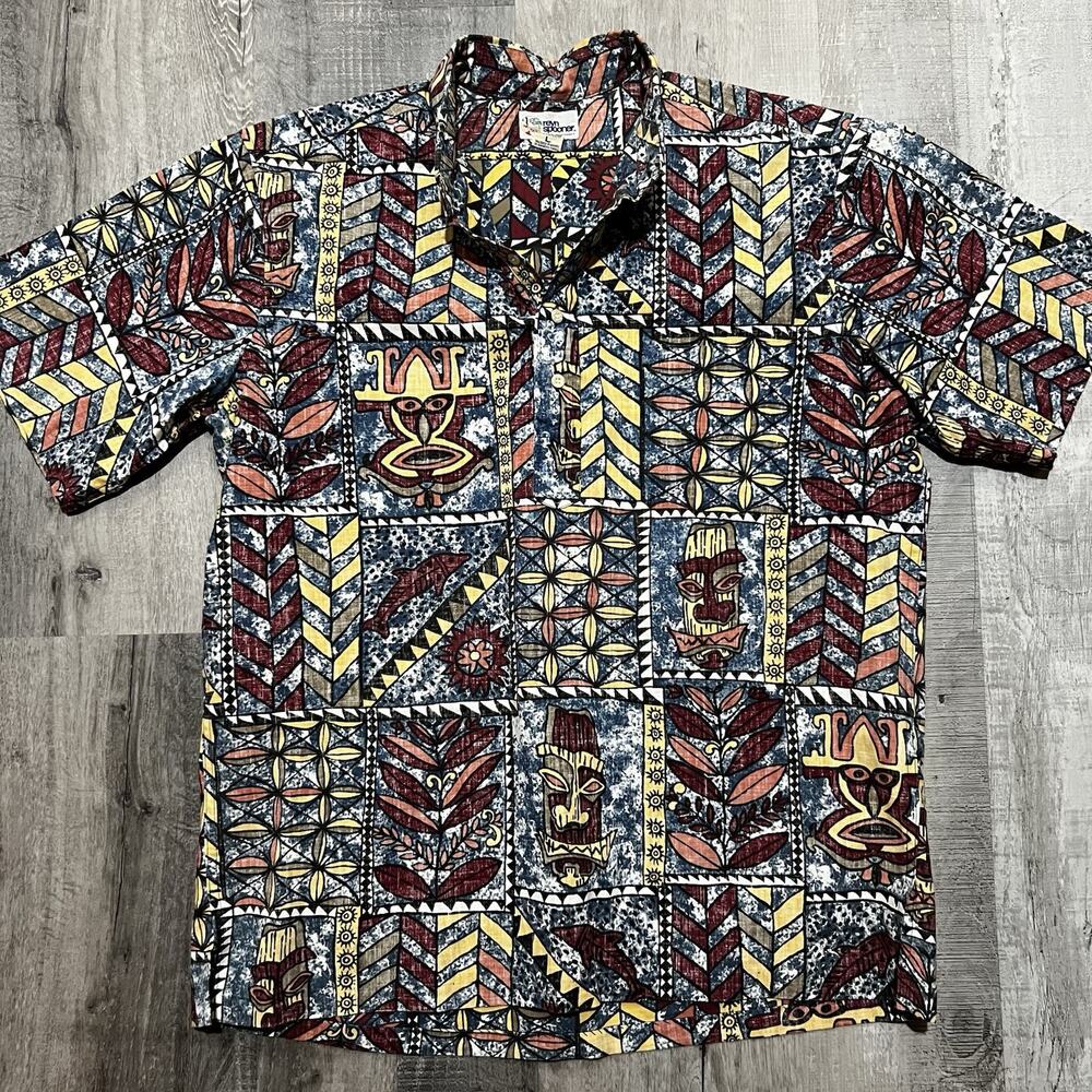 Vintage Reyn Spooner Tiki Short Sleeve Button Up Shirt Mens Large Brown